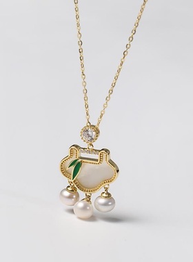 戴拉925银淡水珍珠长命锁项链