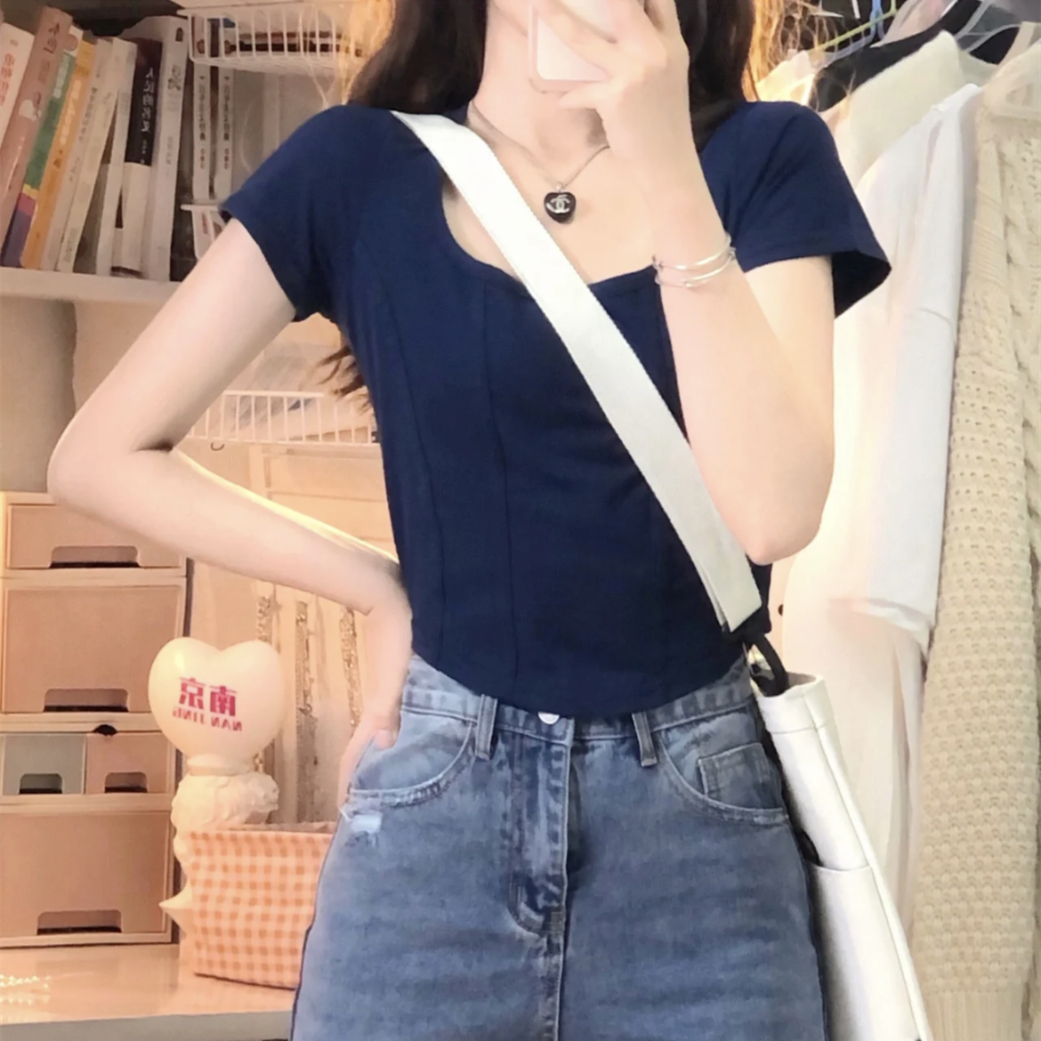 小海鸥鱼骨白色修身T恤女