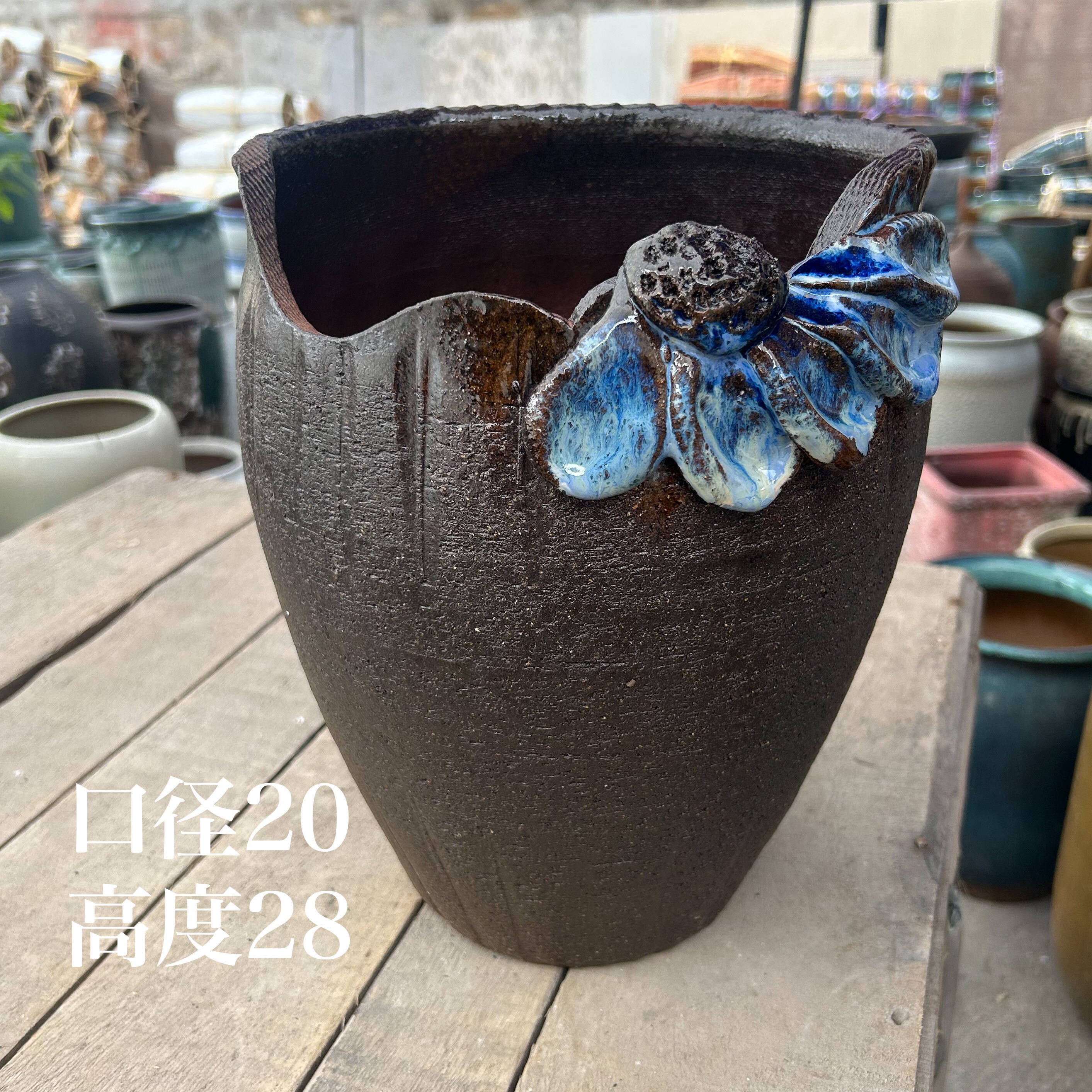 手工贴画缺口花盆,口径20高度28