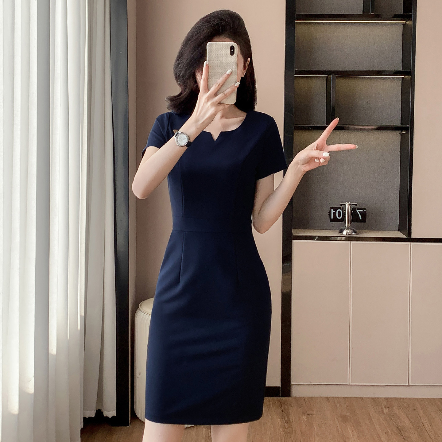 藏青色短袖修身工作服连衣裙