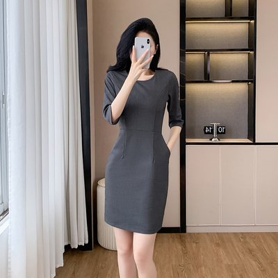 高级感中袖连衣裙女秋季新款气质女神范职业装正式场合工作服裙子