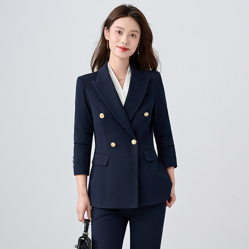 藏青色西装套装女2026秋冬新款酒店前台长袖小西服气质职业工作服