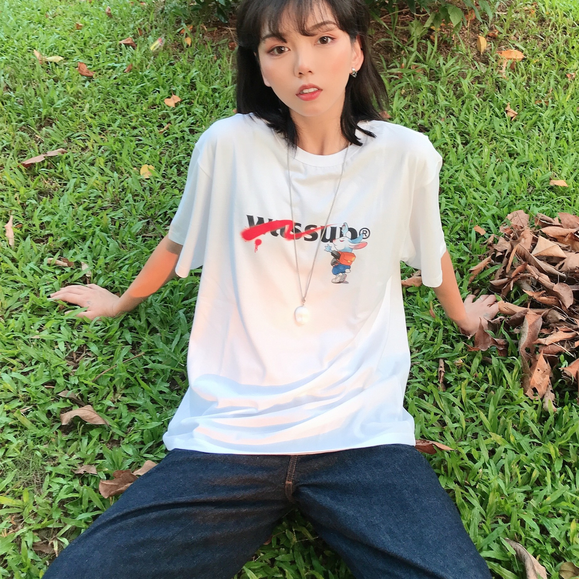 11-30新券WASSUP手绘设计卡通兔子涂鸦印花短袖男女情侣潮流休闲水洗圆领t