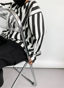 秋季新款男女中大童韩版日系竖条纹印花黑白长袖T恤休闲上衣宽松