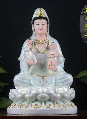 汉白玉送子观音菩萨家用供奉菩萨包邮桌面双童送子观音神佛像摆件
