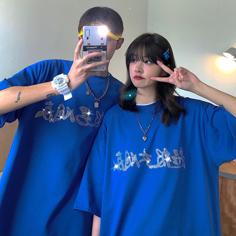 情侣装夏装烫钻闪亮男女朋友宽松情侣短袖T恤大码G1008P38女类,男装T恤,电商A339
