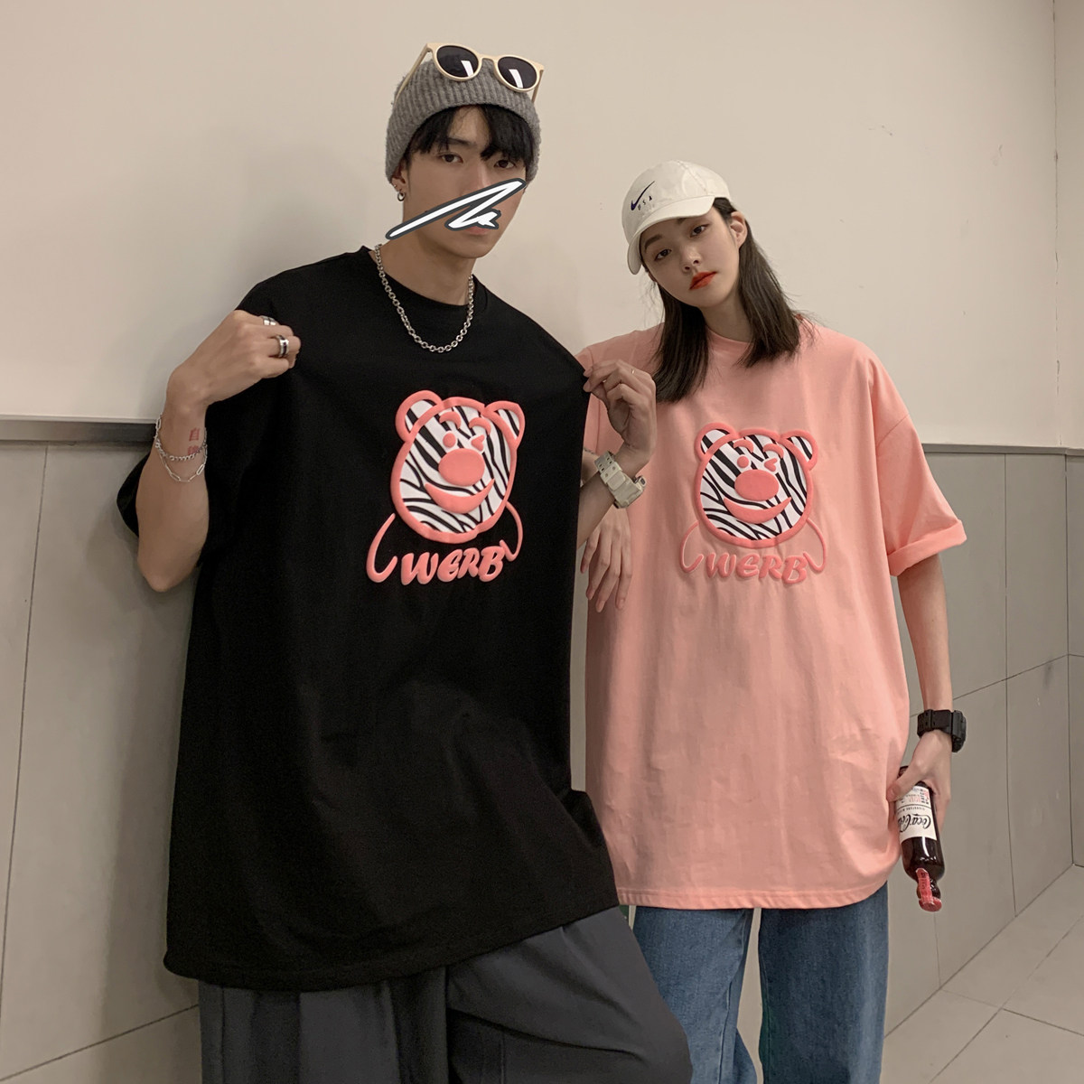 立体印花！高品质上档次，情侣装夏装小熊发泡印花情侣短袖T恤休闲宽松男女G921,男装T恤,电商A339