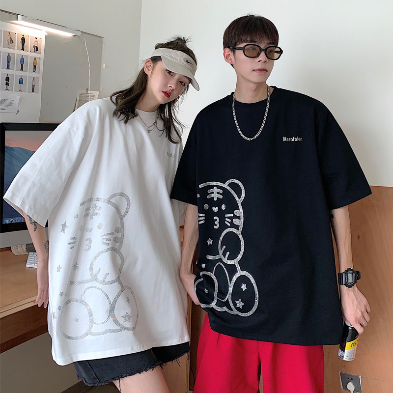 情侣装夏装小熊烫钻闪亮宽松情侣短袖T恤大码G1002P38男类,男装T恤,电商A339