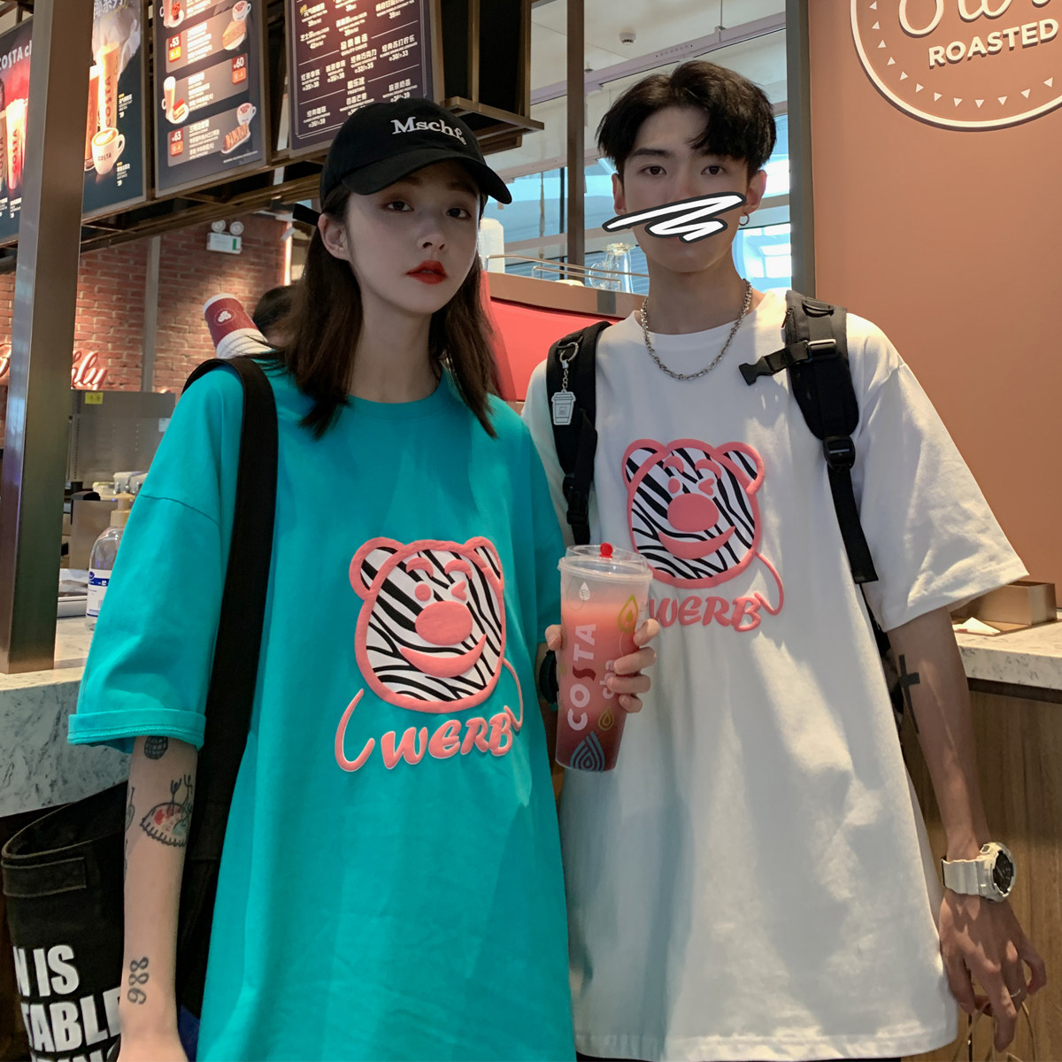 22情侣装夏装发泡小熊印花情侣T恤衫圆领大码上衣G921P35男类,男装T恤,电商A339
