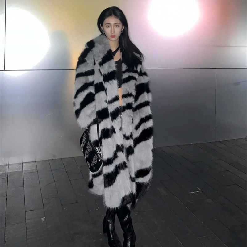 MJ皮毛一体外套女2024新款时尚环保皮草灰色长款狐狸毛大衣冬季厚