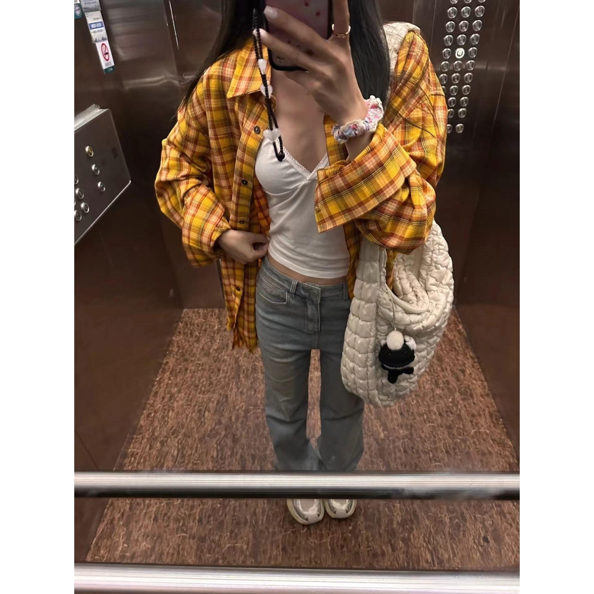 港味复古chic黄色格子衬衫女内搭叠穿宽松休闲百搭衬衣外穿