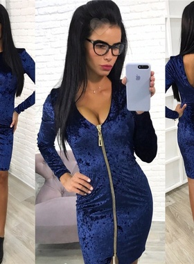 性感连衣裙V领金钻绒包臀迷你短裙夜店裙Sexy Night Club Dress