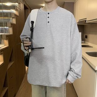 百搭寬松復(fù)古體恤衫 2025秋新款 亨利領(lǐng)長袖 T恤男士 休閑運動上衣tee