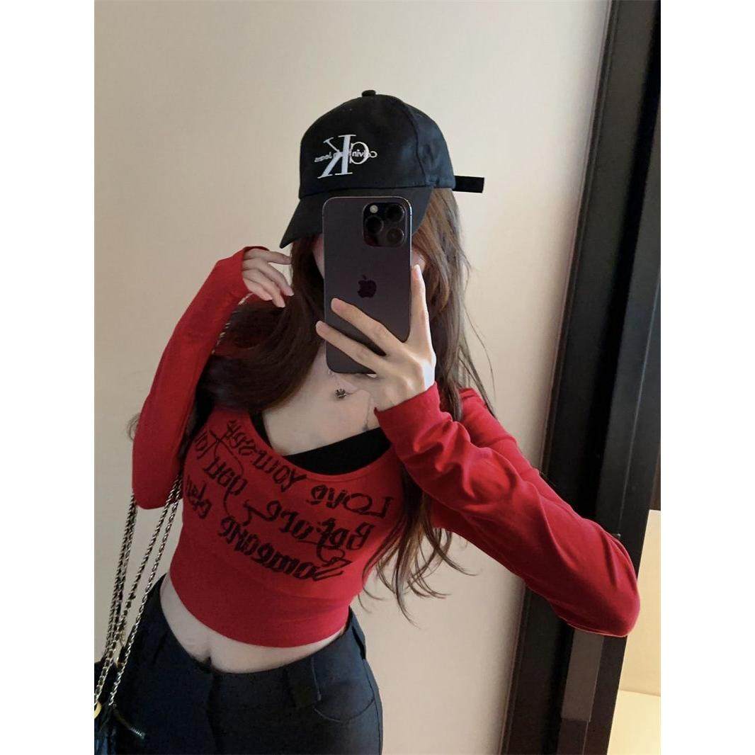 红色大领口挂脖正肩长袖t恤女秋季修身紧身高腰露脐短款甜辣上衣