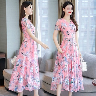 连衣裙长款 跨境夏wish季 休闲印花大码 时尚 大摆波西米亚沙滩 新款
