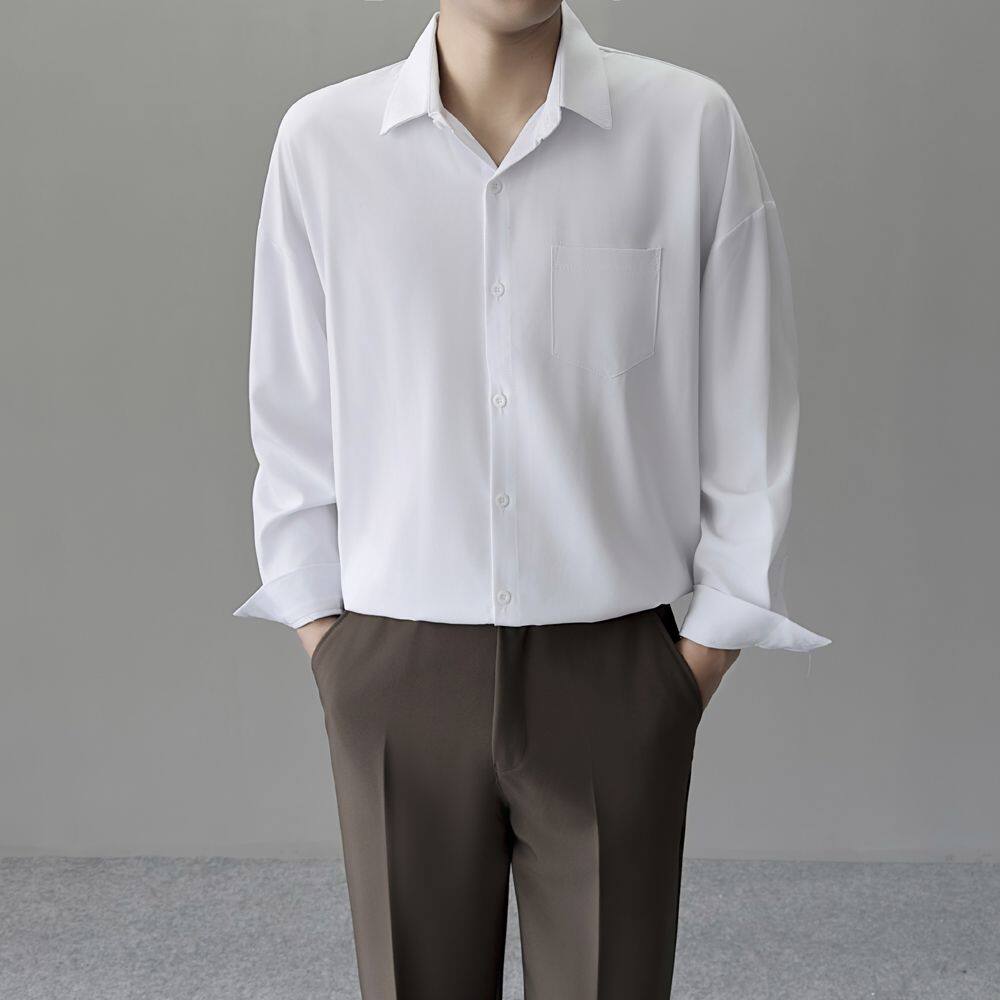 薄款长袖衬衫男宽松纯色休闲男生长袖上衣春夏韩版潮流垂感衬衣