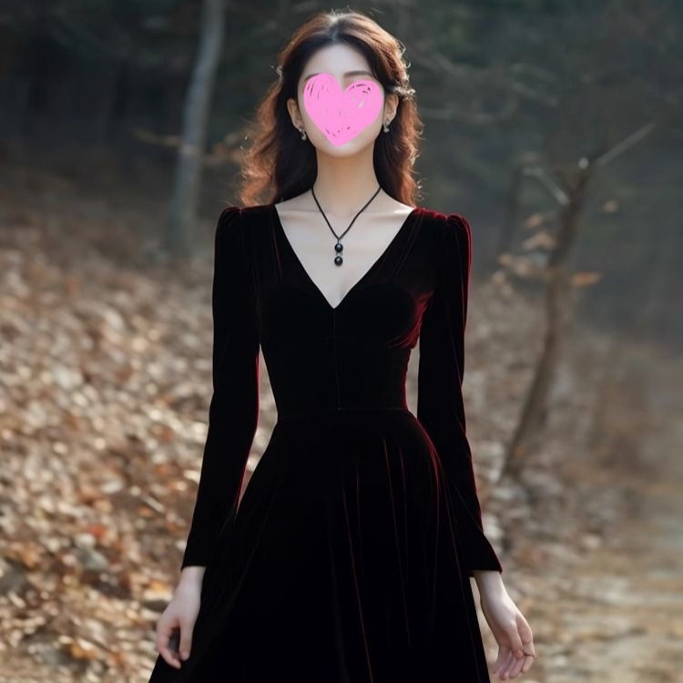 法式赫本风年会晚礼服裙高端轻奢小众合气质名媛长袖金丝绒