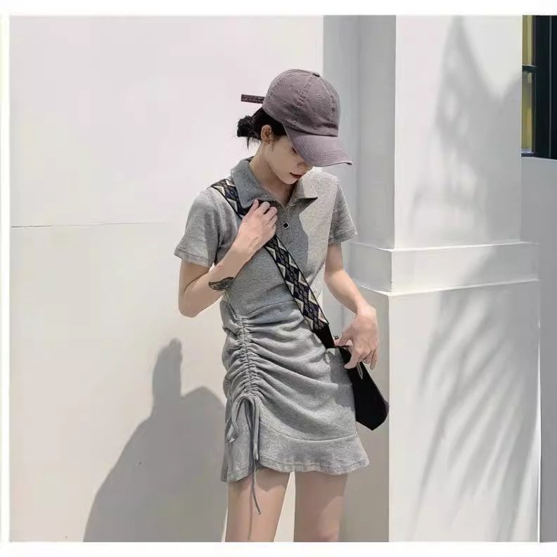 夏季中款裙包臀a字裙女2023年桔梗裙修身显瘦潮流polo领连衣裙子