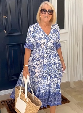 2023夏亚马逊气质通勤长款碎花扎染印花连衣裙