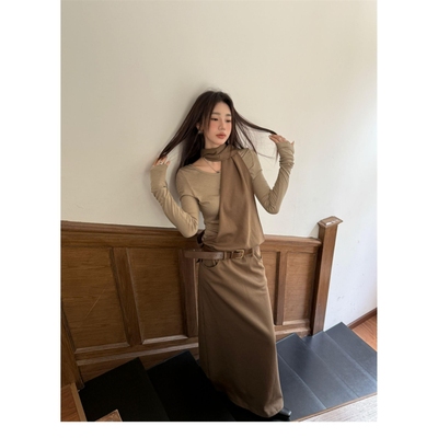 美式甜酷设计秋冬废土风内搭假两件长袖挂脖收腰长款连衣裙女小众