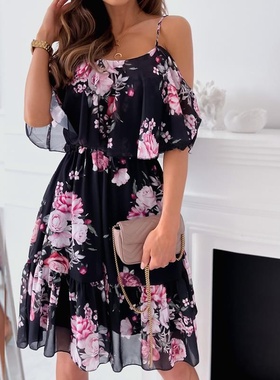 连衣裙2024夏季新款跨境女装亚马逊雪纺印花露肩性感裙子