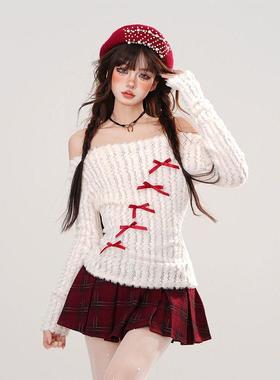 原版面料蝴蝶结露肩白色长袖女秋季修身套头毛衣设计感内搭美上衣