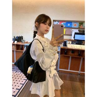 收腰显瘦A字短裙子 连衣裙女秋季 韩系甜美学院风条纹拼接长袖 衬衫