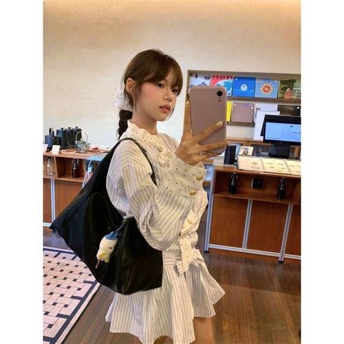 韩系甜美学院风条纹拼接长袖衬衫连衣裙女秋季收腰显瘦A字短裙子