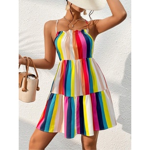 实拍现货欧美跨境2025新款 欧美彩虹条纹系带吊带连衣裙 热卖