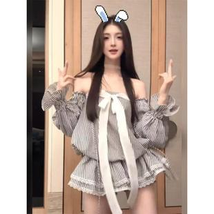 复古条纹蝴蝶结一字肩抹胸连衣裙女夏季 甜辣妹气质收腰显瘦短裙子