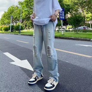 男裤 破洞牛仔裤 男士 夏季 美式 潮牌痞帅直筒长裤 2025新款 薄款 子男款