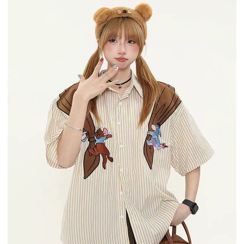 创意设计感百搭夏季复古时尚条纹短袖童趣衬衫短袖小众上衣