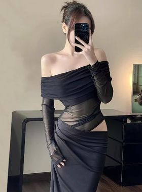 原版面料性感紫色法式名媛风网纱拼接一字肩连衣裙女褶皱