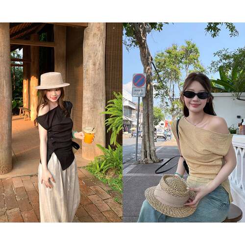 im向 时髦解构’小众斜肩修身短袖t恤女不对称褶皱系扣针织上衣