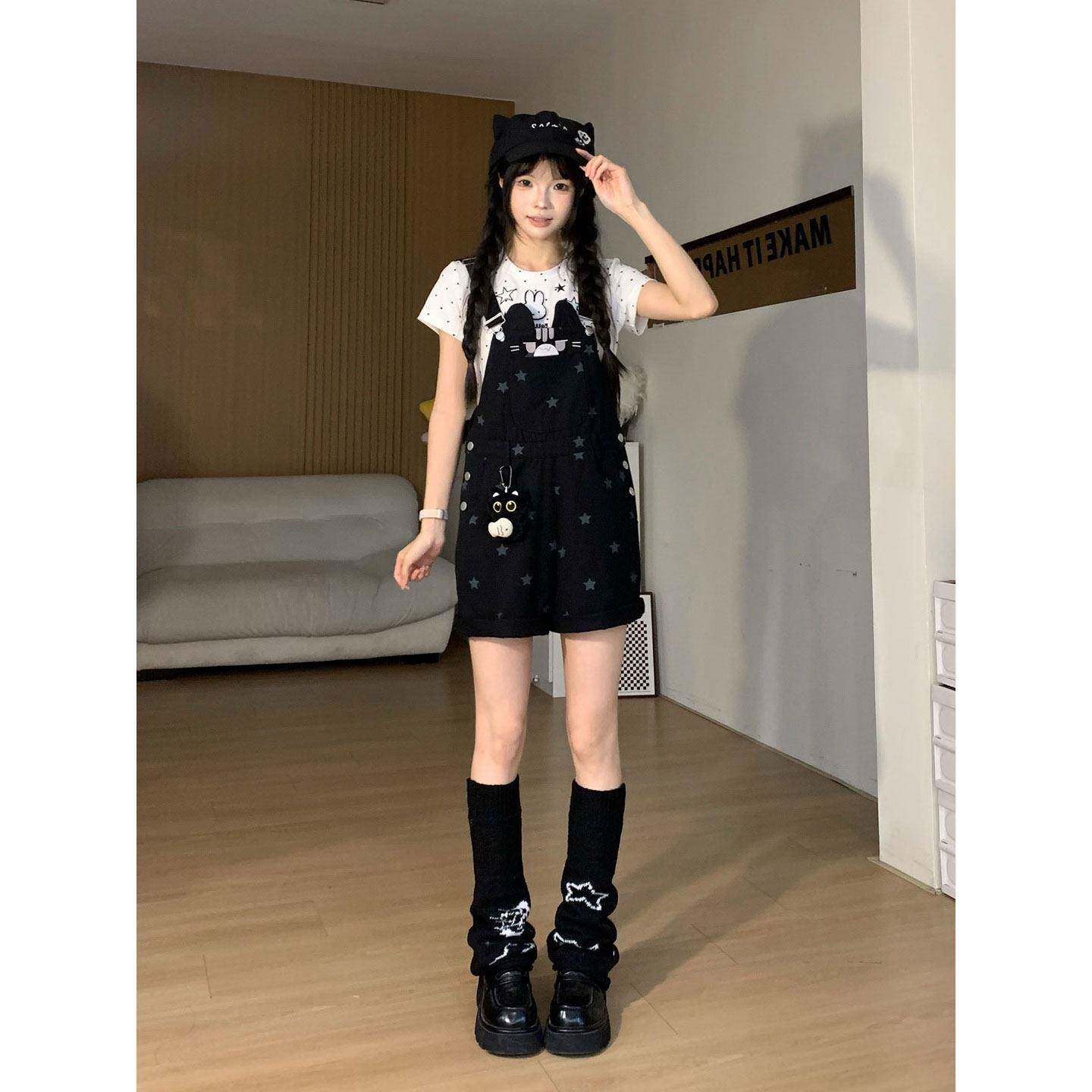奶甜系小猫星星印花牛仔抱婴袋裤女夏季宽松减龄可爱小个子阔腿短