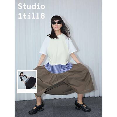 Studio1till8 蓝白格纹/黑灰格纹 拼接假两件宽松长版短袖洋装