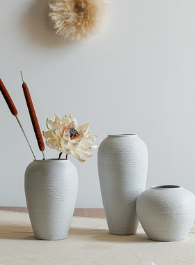 简约白色景德镇陶瓷花瓶大口径高级感客厅插花干花摆件复古粗陶罐