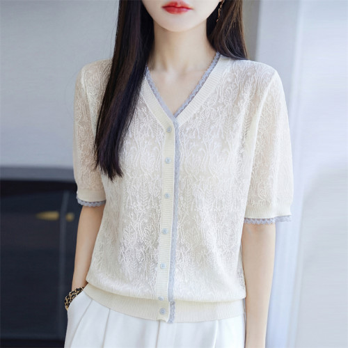 夏季桑蚕丝V领蕾丝边短袖针织衫