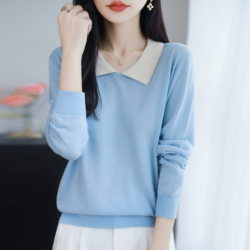 极简风翻领套头显瘦羊毛衫女薄款
