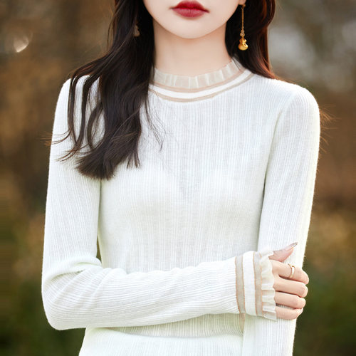秋季白色精纺羊毛衫女木耳边毛衣
