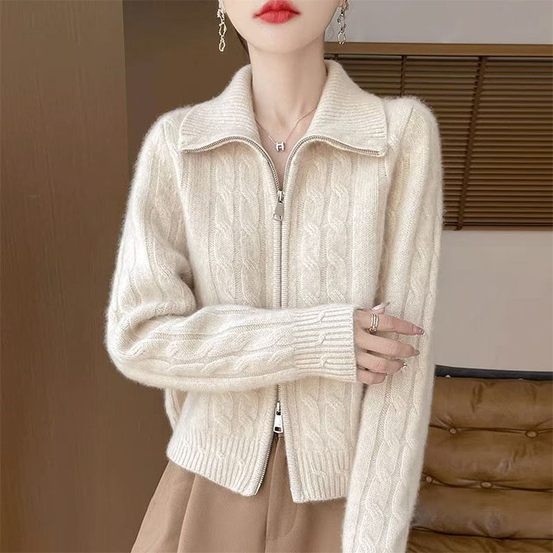 2026秋冬新款麻花开衫女毛衣短款双拉链加厚针织保暖外套翻领上衣