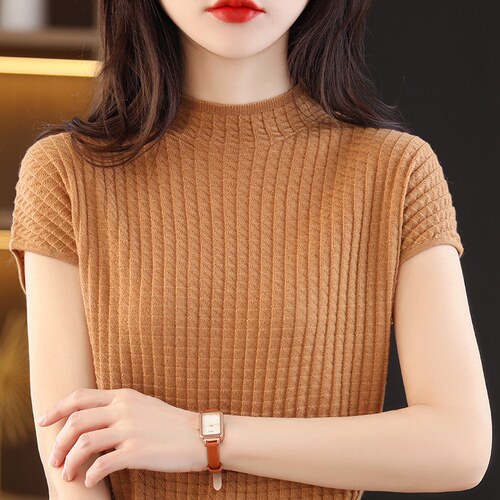 夏装桑蚕丝通勤修身针织短袖女