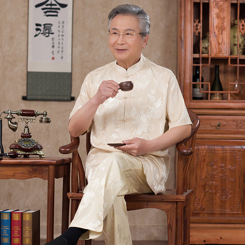 爷爷唐装套装男短袖衬衫夏季新款中老年人男装盘扣中国风爸爸t桖