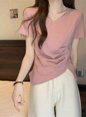 实拍现货 夏季新款简约百搭V领收腰开叉纯棉短袖T恤女上衣