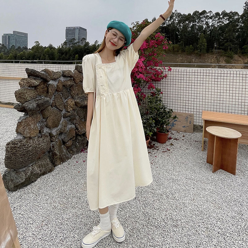 Real shot real price Korean loose square collar lace stitching rural small fresh dress