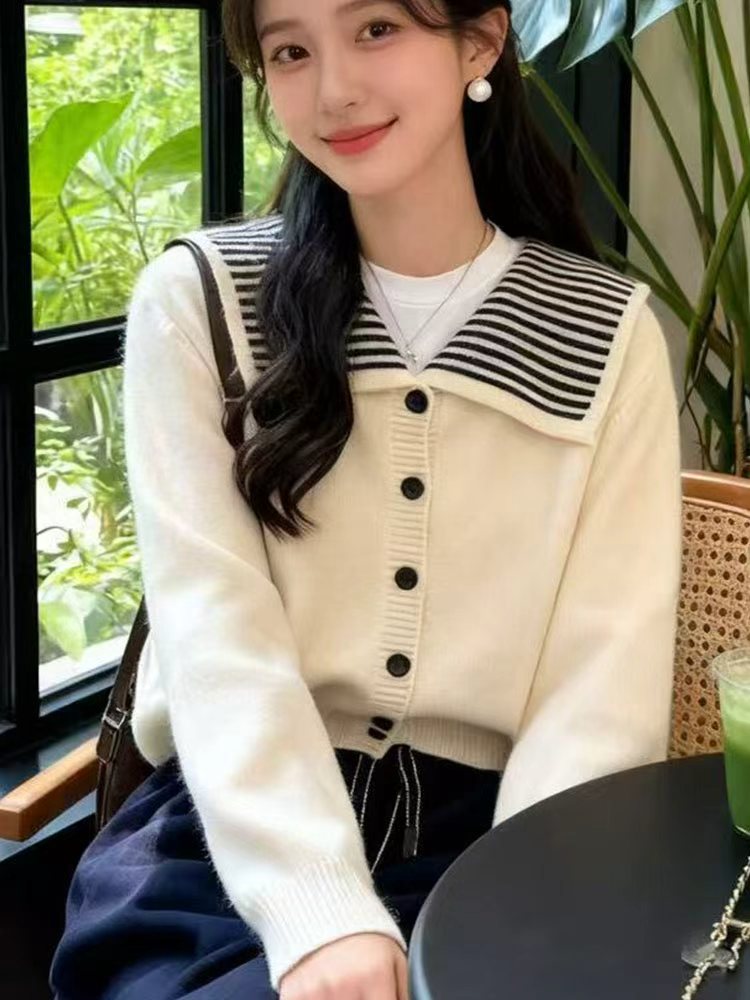 秋季新款海军宽松显瘦水手领长袖羊毛针织开衫短款灰色毛衣外套女