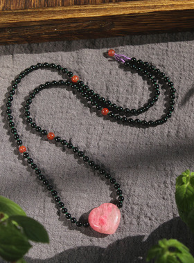 天然黑玛瑙南红编绳蔷薇爱心项链