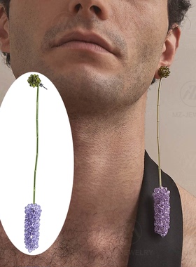 水晶花紫色薰衣草花朵长款纯银耳钉坠耳夹无耳洞时髦欧美小众设计