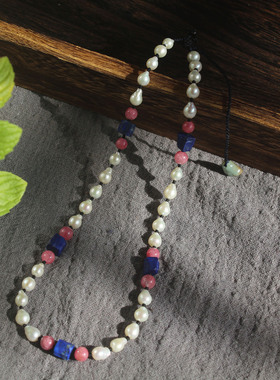 原创青金石蔷薇辉石珍珠毛衣链