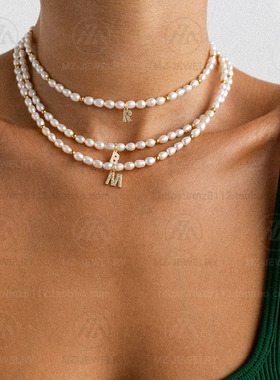 欧洲小众淡水珍珠字母时髦锁骨链